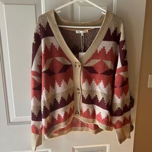 C&C California Aztec Geometric Open Cardigan Size L NWT Boho Southwestern
